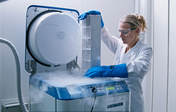 Employée avec un récipient de stockage cryogénique