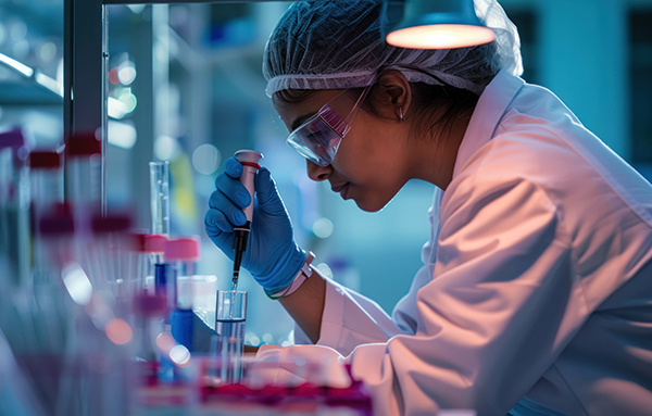 Technicienne de laboratoire transfère des liquides dans un laboratoire scientifique