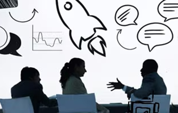 Illustration avec plusieurs personnes, des bulles de dialogue, une fusée et des petits symboles représentant le travail d'équipe, la communication et l'esprit d'innovation