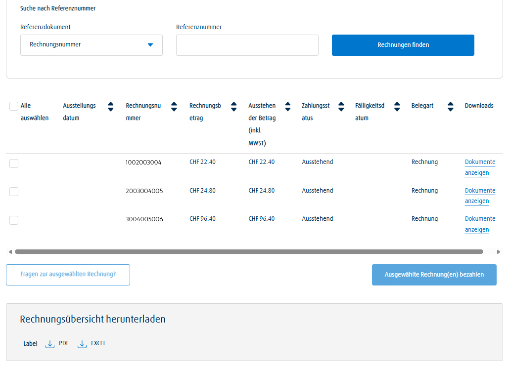 Capture d’écran de l’aperçu des factures