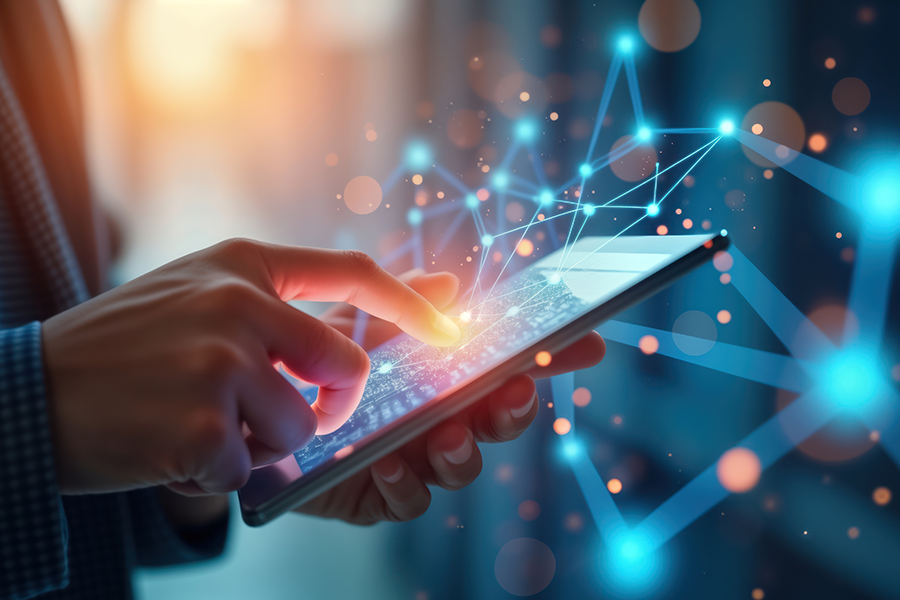 Tablet mit leuchtenden, abstrakten Verbindungen in künstlerischer Darstellung