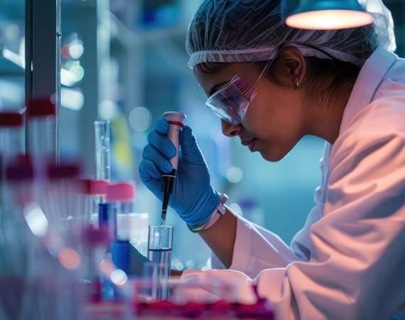 Imagebild für Labor, Analytik und Kalibrierung - Frau in Labor mit Pipette