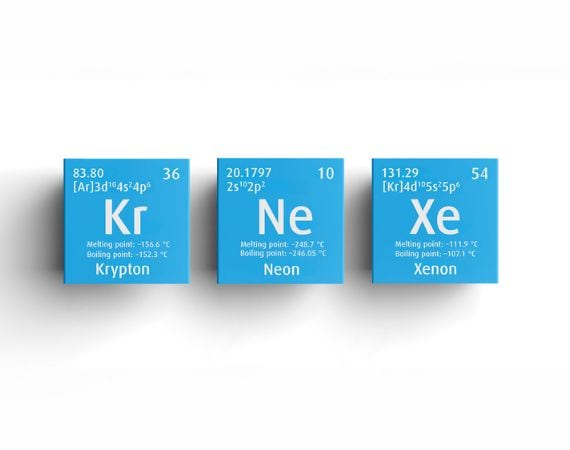 3 blaue Kacheln mit Krypton, Neon und Xenon