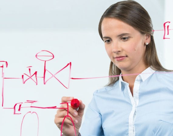 Frontseite Spezialgase Katalog. Frau schreibt mit rotem Stift an Glaswand chemische Formeln