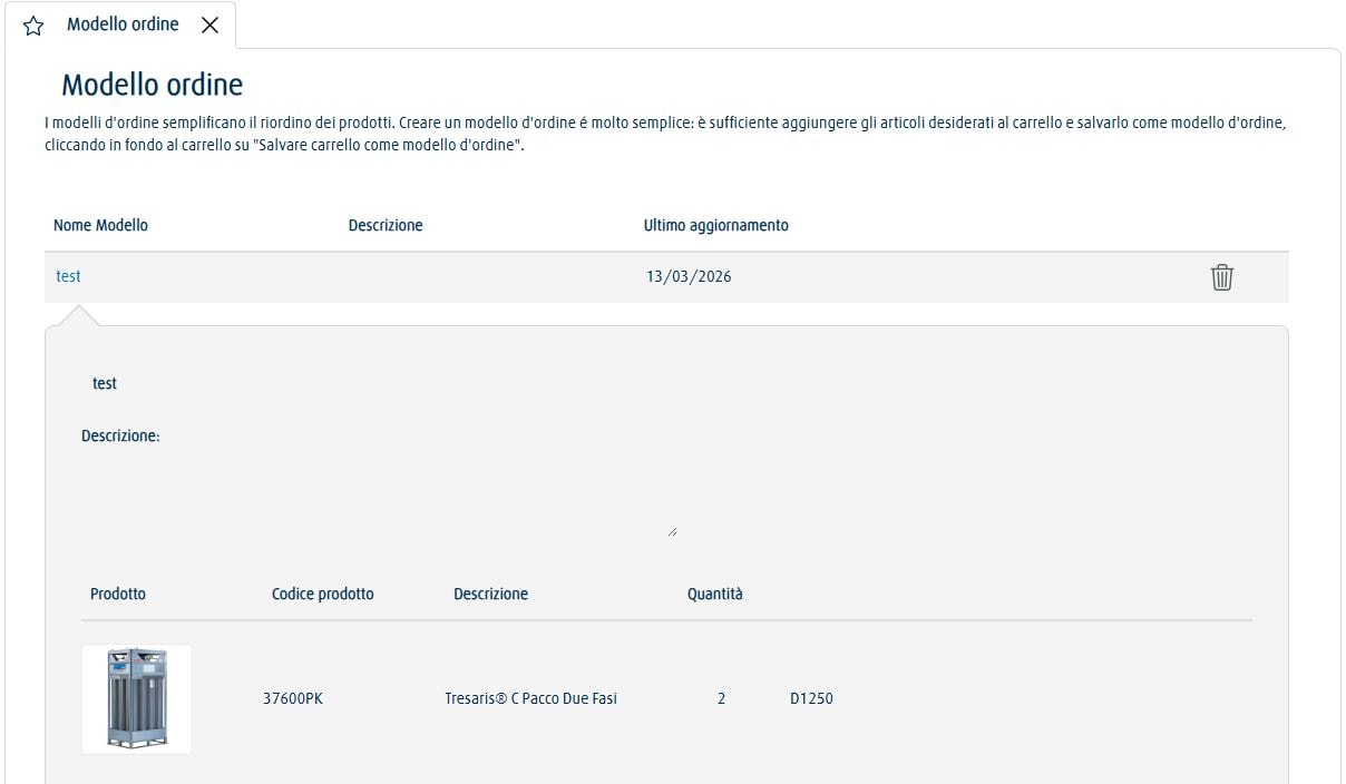 Pagina web con interfaccia utente che mostra la funzionalità Modello ordine