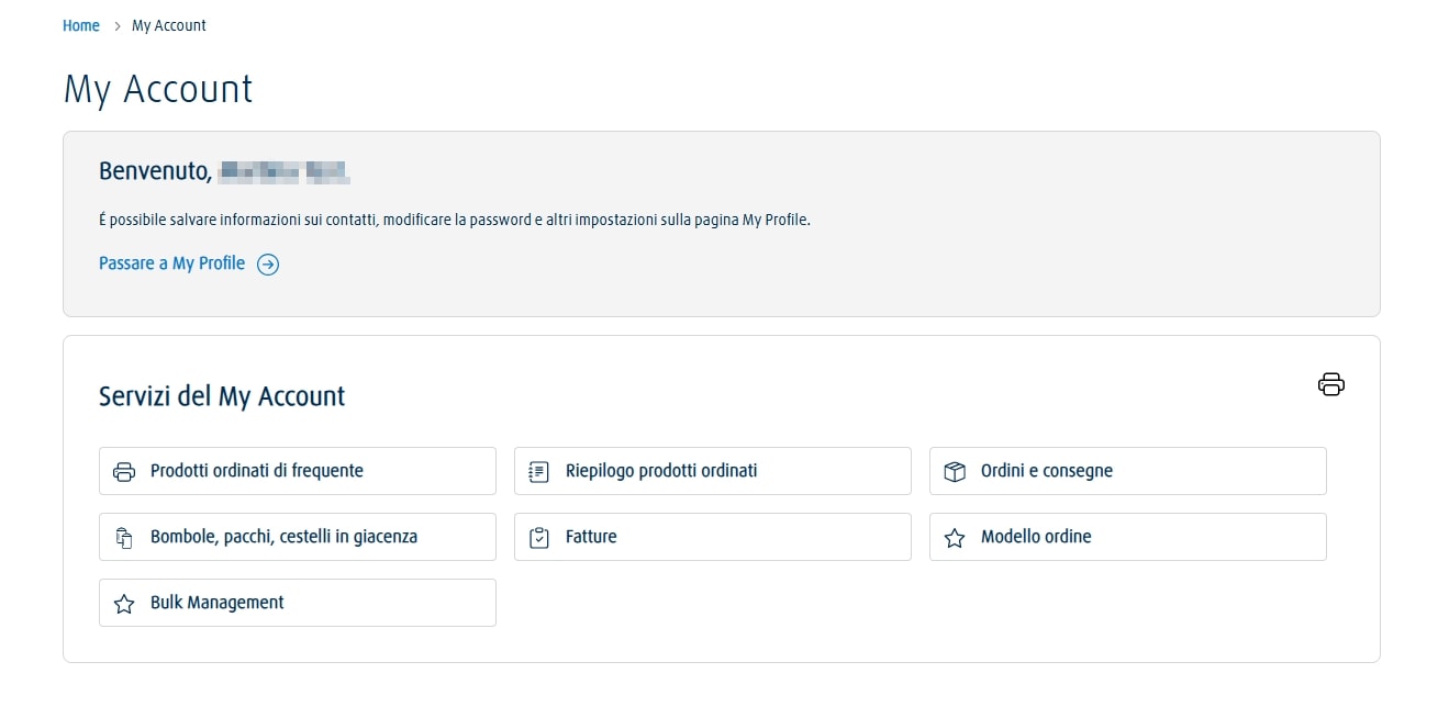 Pagina web con interfaccia utente che mostra un messaggio di benvenuto e una serie di riquadri cliccabili per funzioni come prodotti recentemente ordinati, panoramica delle consegne, fatture, documenti scaricabili, gestione del serbatoio online e altre opzioni amministrative