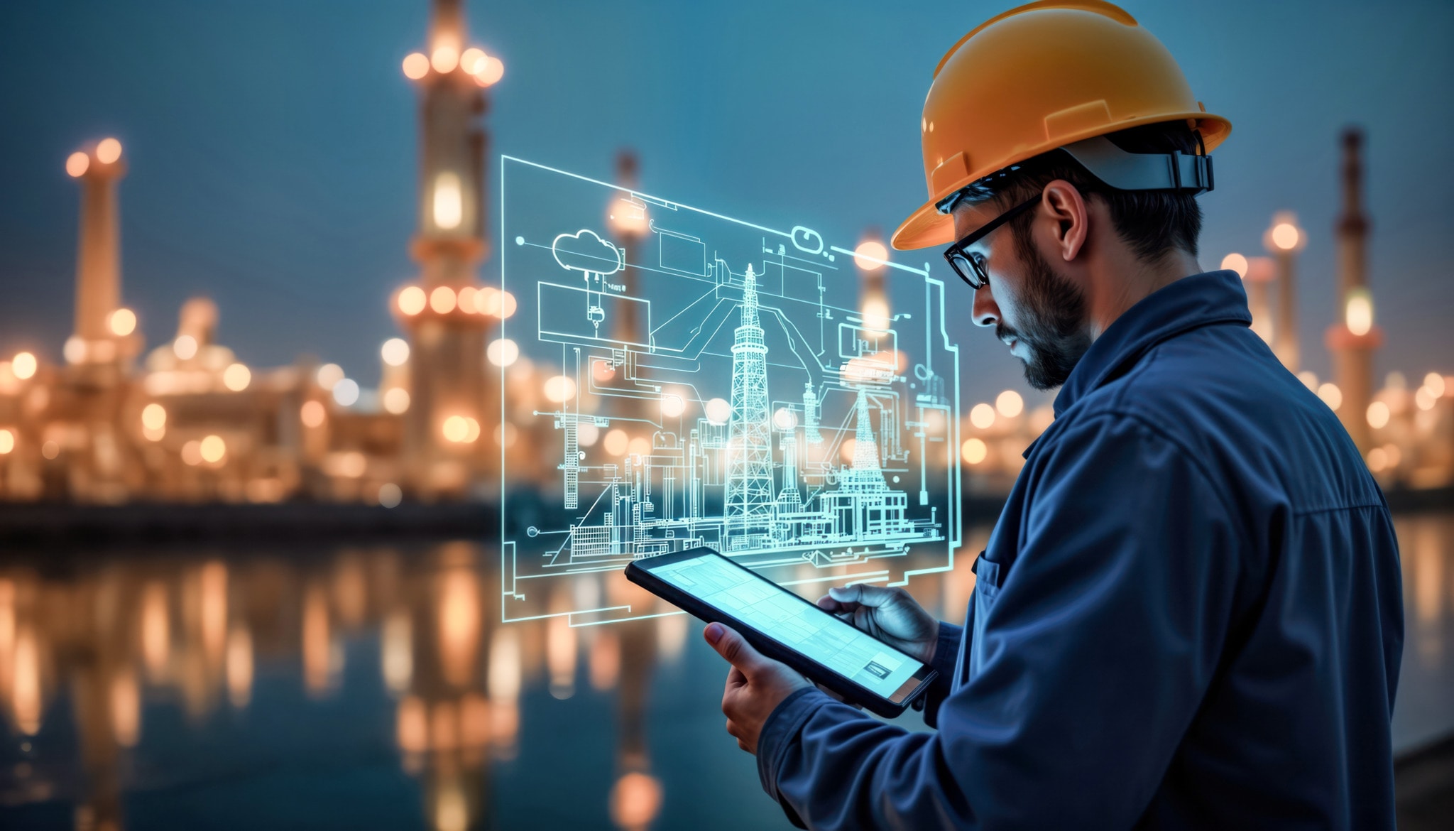 Tecnico in area industriale che consulta un tablet con sovrimpressione di elementi tecnici digitali