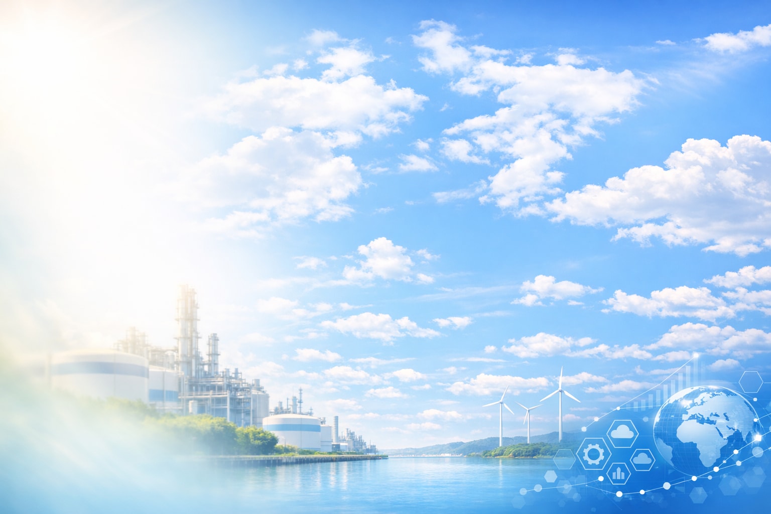 Blauwe lucht wolken windmolens en tanks