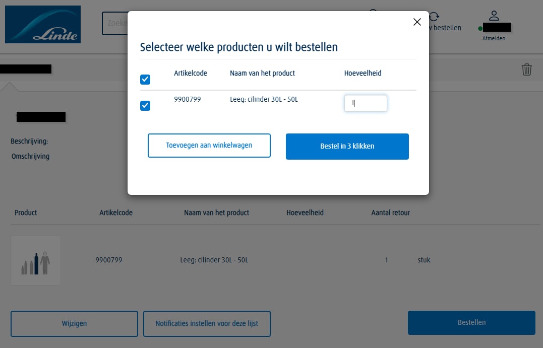 Schermafbeelding van het toevoegen van producten vanuit een bestellijst