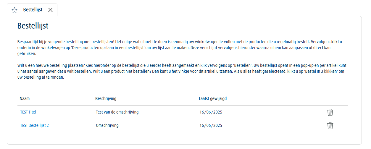 Schermafbeelding van de bestellijst functionaliteit