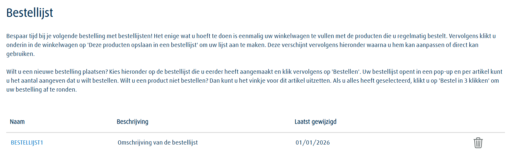 Screenshot van het overzicht met bestellijsten