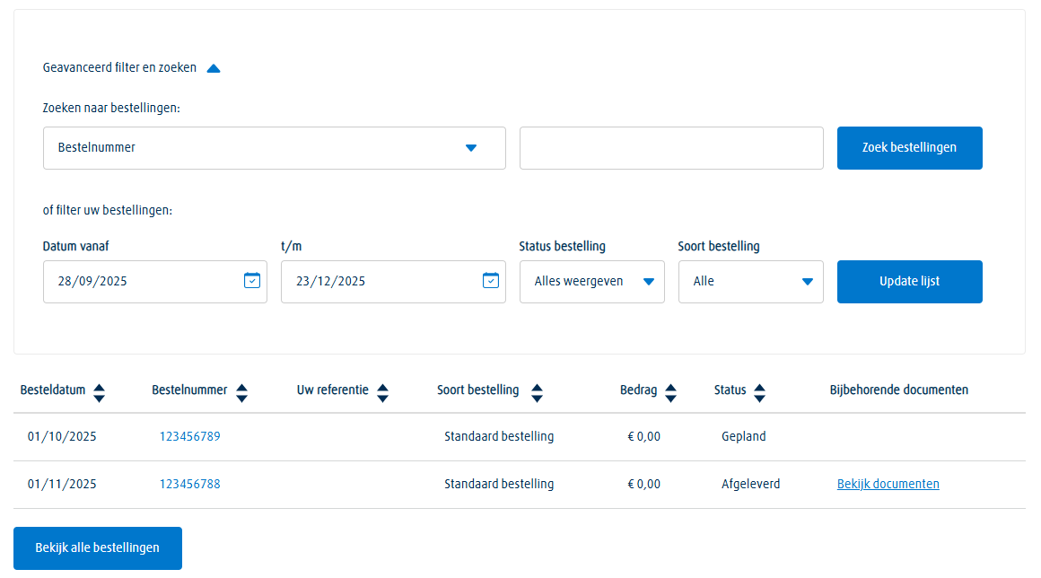 Screenshot van het overzicht met bestellingen
