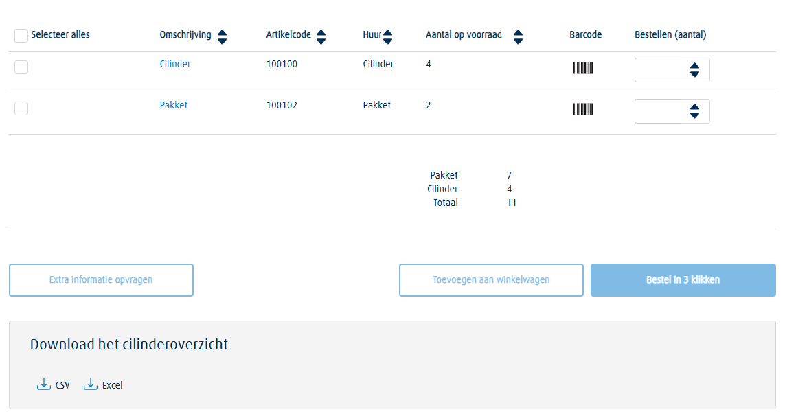 Screenshot van het cilindersaldo overzicht