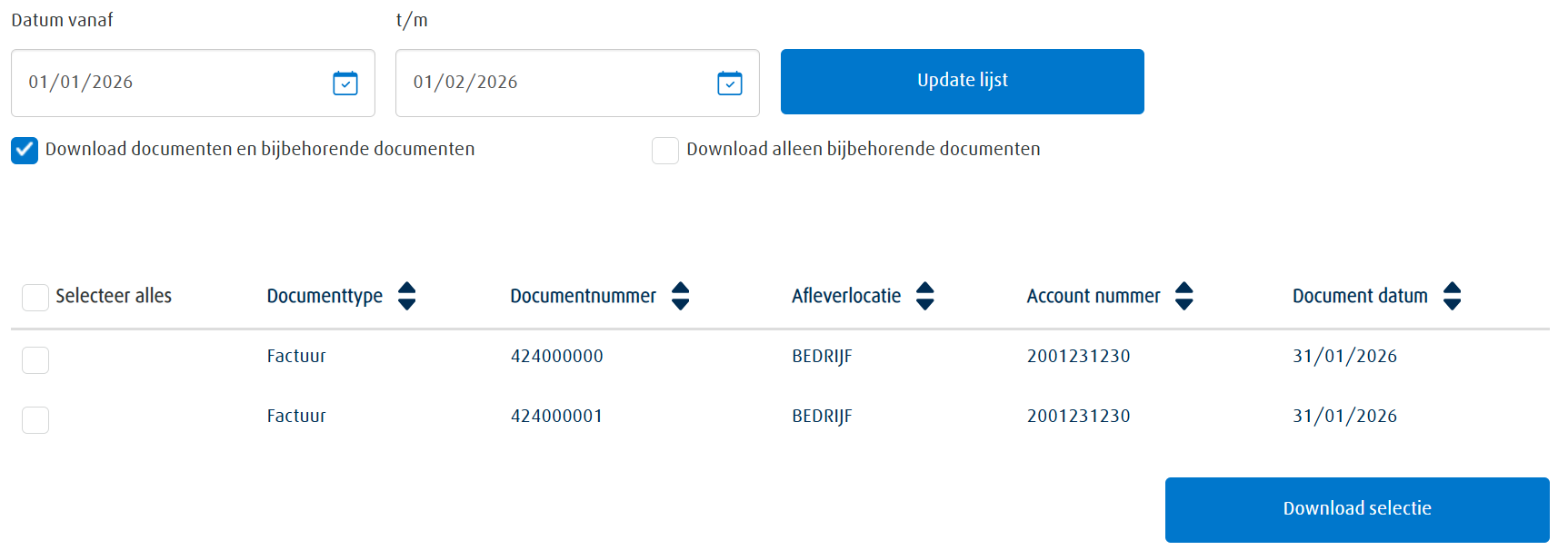 Screenshot van het documenten downloaden overzicht